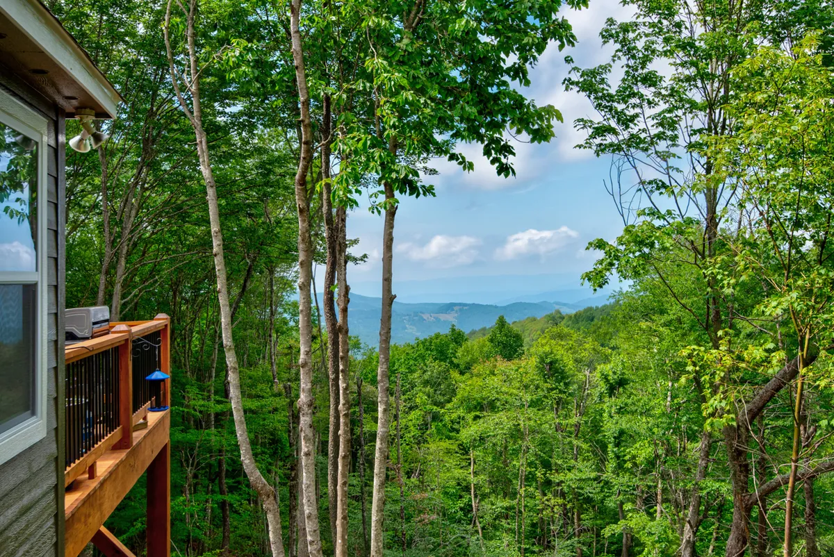 A serene view from the deck shows a sweeping mountain landscape framed by a canopy of trees. The deck railing invites guests to step outside and take in the sunrise or enjoy the peaceful transition into night, evoking the quiet intimacy described in the section.